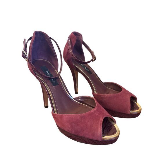 White House Black Market Burgundy Suede Peep Toe Ankle Strap Heels Sz 9M Dressy - Picture 6 of 11